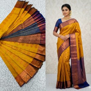 Mustard Yellow Kanjivaram Silk Saree with Royal Blue Contrast Border Putta Embose Saree