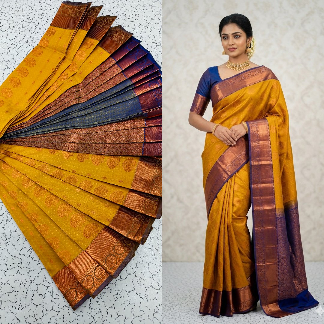 Mustard Yellow Kanjivaram Silk Saree with Royal Blue Contrast Border Putta Embose Saree