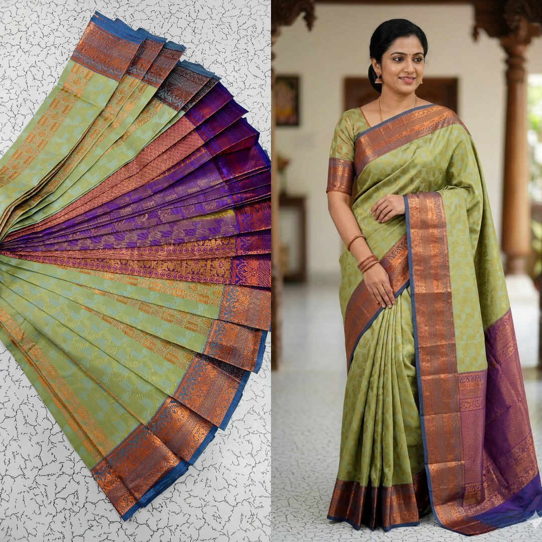 Olive Green Kanjivaram Silk Saree with Purple Contrast Pallu Putta Embose Saree