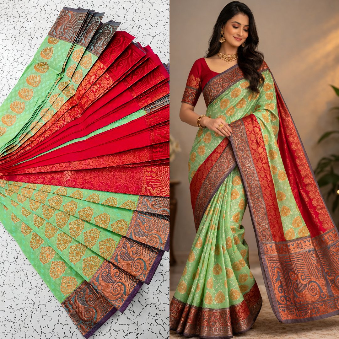 Mint Green & Red Kanchipuram Silk Saree with Rich Zari Border Putta Embose