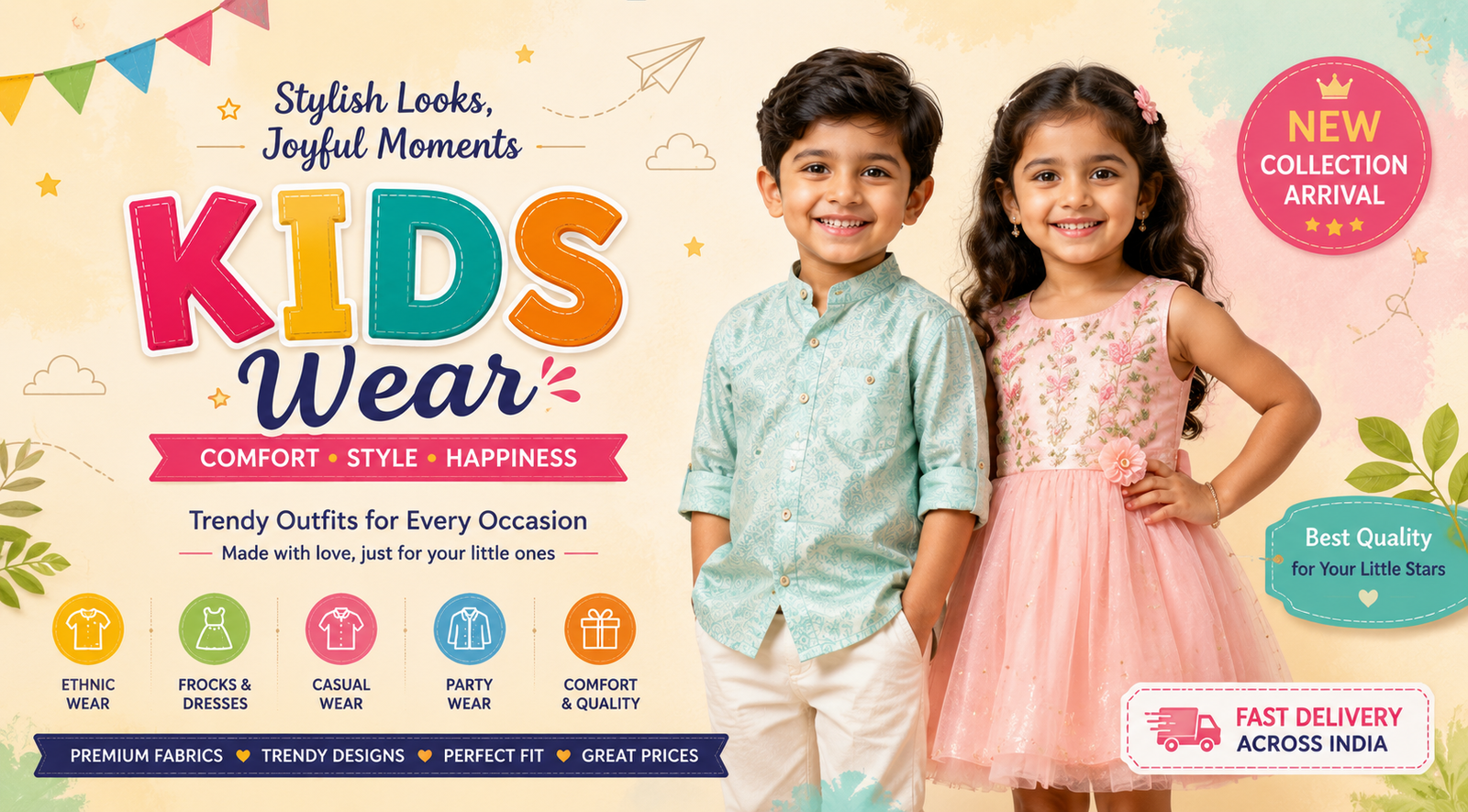 Premium kids wear online shopping banner with trendy clothing collection for boys and girls