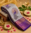 Elegant Silver Grey Silk Saree with Purple Peacock Zari Motif and Rich Brocade Border