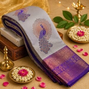 Elegant Silver Grey Silk Saree with Purple Peacock Zari Motif and Rich Brocade Border