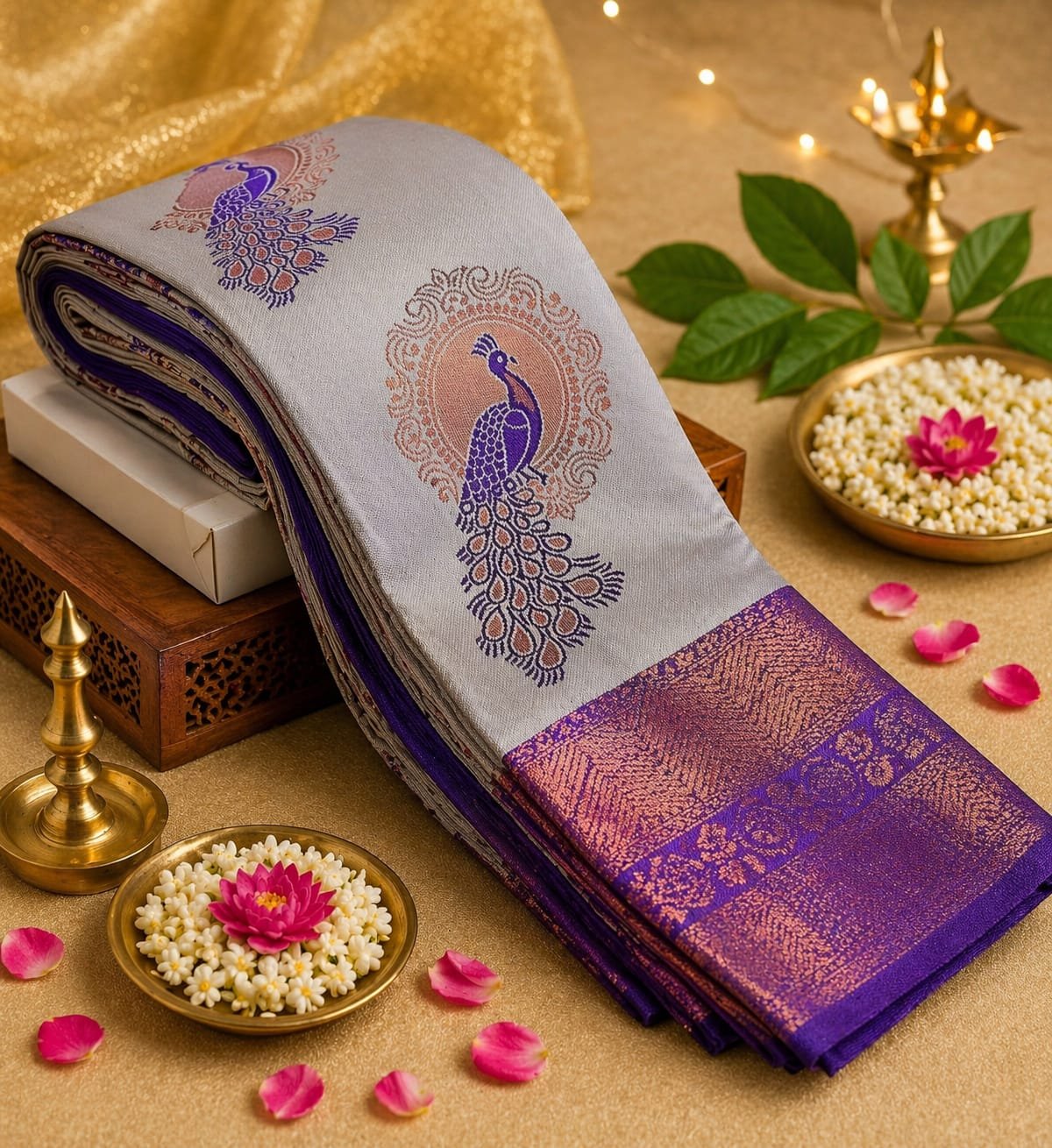 Elegant Silver Grey Silk Saree with Purple Peacock Zari Motif and Rich Brocade Border