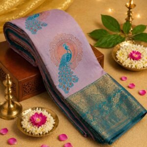 Elegant Mint Green Silk Saree with Dark Green Peacock Zari Motif and Rich Woven Border