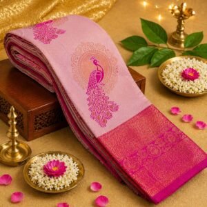 Elegant Blush Pink Silk Saree with Peacock Zari Motif and Rich Magenta Border