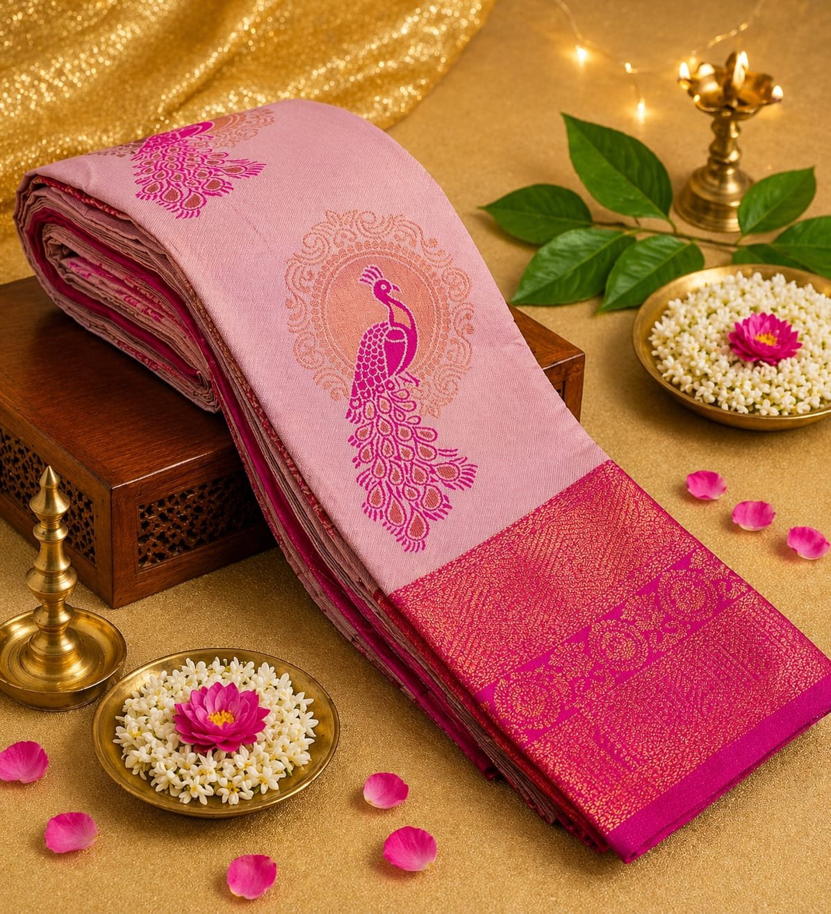 Elegant Blush Pink Silk Saree with Peacock Zari Motif and Rich Magenta Border
