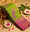 Elegant Green Silk Saree with Purple Peacock Zari Design and Traditional Border