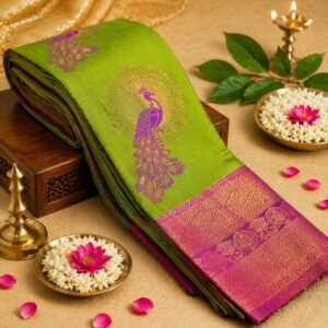 Elegant Green Silk Saree with Purple Peacock Zari Design and Traditional Border