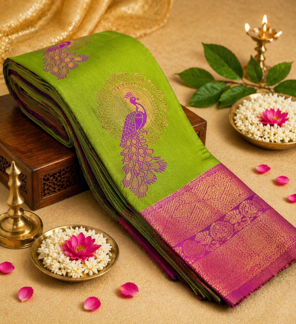 Elegant Green Silk Saree with Purple Peacock Zari Design and Traditional Border