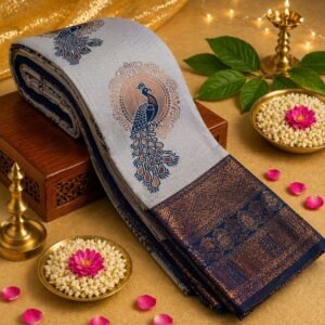 Elegant Off-White Silk Saree with Peacock Motif and Navy Blue Zari Border