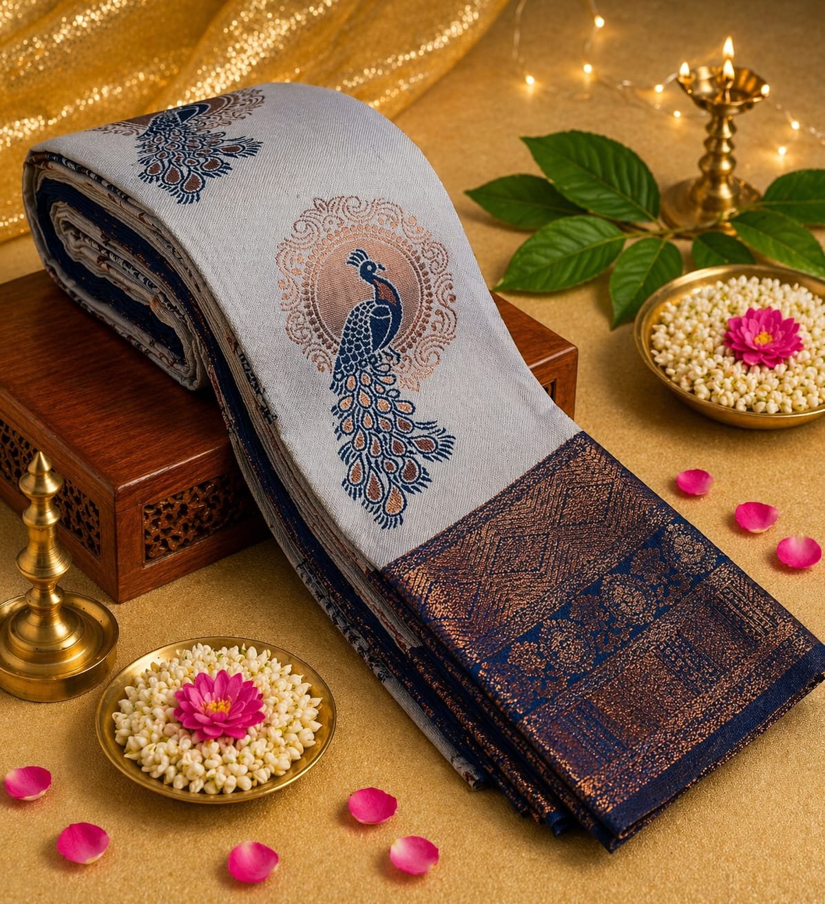 Elegant Off-White Silk Saree with Peacock Motif and Navy Blue Zari Border