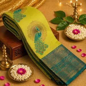 Parrot Green Silk Saree with Peacock Motif and Teal Zari Border