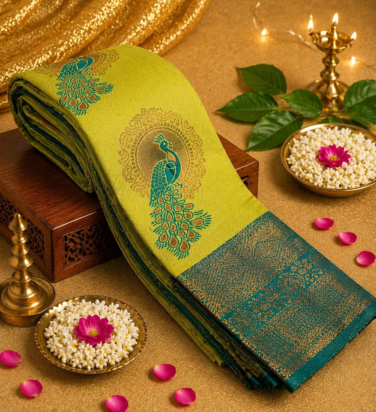 Parrot Green Silk Saree with Peacock Motif and Teal Zari Border