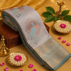 Elegant Silver Grey Silk Saree with Peacock Motif and Teal Zari Border