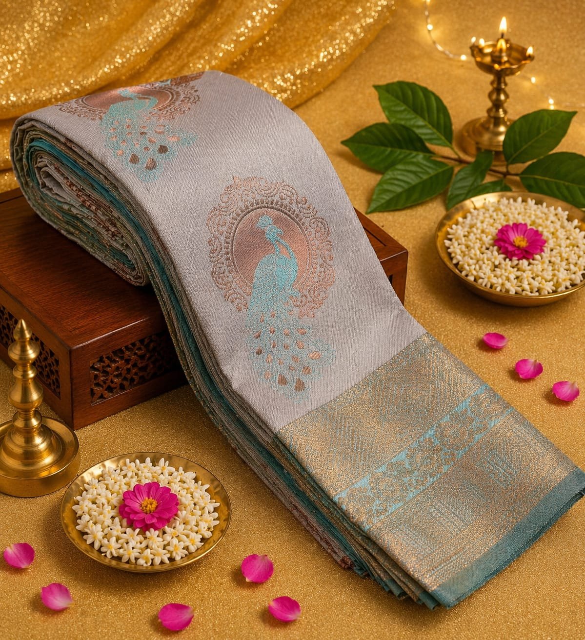 Elegant Silver Grey Silk Saree with Peacock Motif and Teal Zari Border