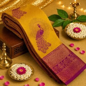 Mustard Yellow Silk Saree with Peacock Motif and Rich Magenta Zari Border