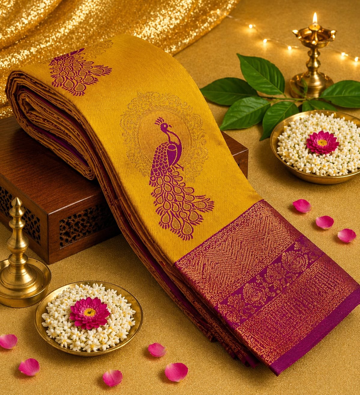 Mustard Yellow Silk Saree with Peacock Motif and Rich Magenta Zari Border