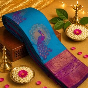 Elegant Teal & Magenta Silk Saree with Peacock Motif and Zari Border