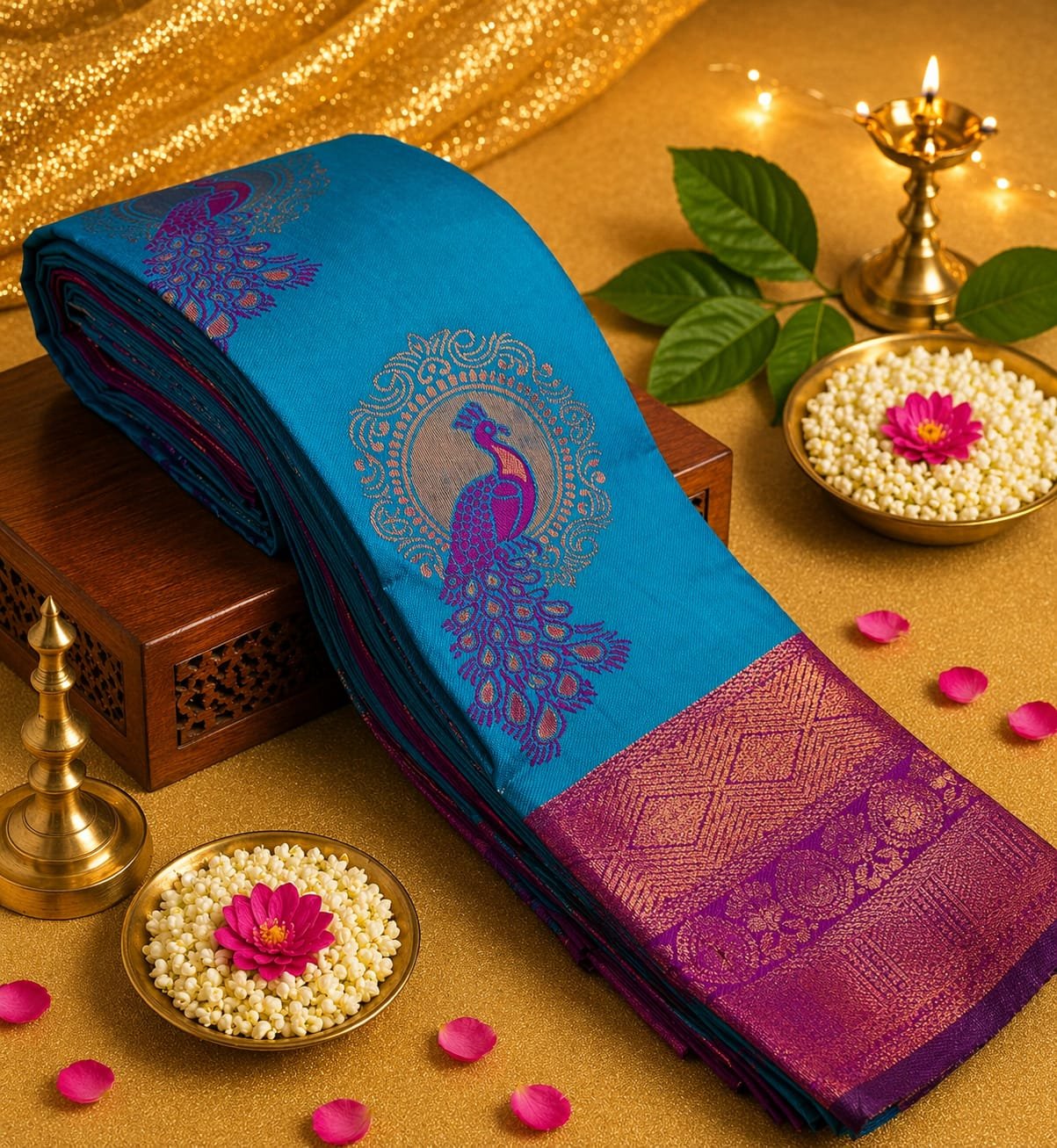 Elegant Teal & Magenta Silk Saree with Peacock Motif and Zari Border