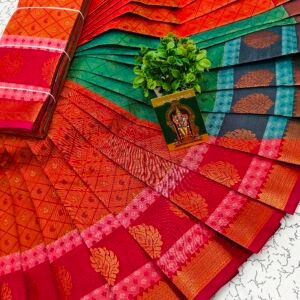 Orange & Green Traditional Zari Saree
