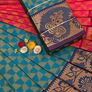 Teal Blue & Gold Geometric Zari Silk Saree