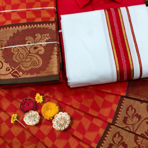 Poonthamil Combo – Red & Copper Geometric