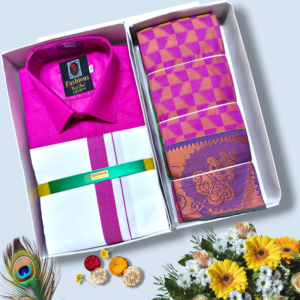 Poonthamil Combo – Fuchsia Pink & Gold Geometric