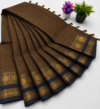 Kanchi Cotton Saree – Dark Brown with Navy Blue Zari Border