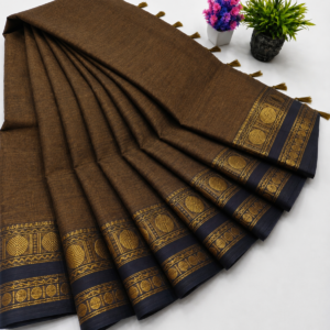 Kanchi Cotton Saree – Dark Brown with Navy Blue Zari Border