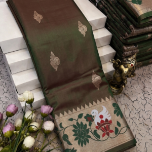 Brown Green Meena Work Soft Silk Saree