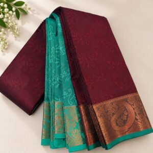 Wine Red & Sea Green Traditional Zari Saree