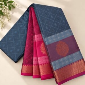 Dual-Tone Steel Blue & Rani Pink Traditional Zari Saree