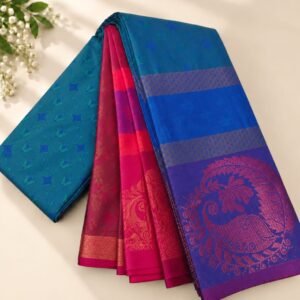 Teal Blue & Pink Traditional Zari Saree