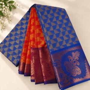 Royal Blue And Red & Orange Traditional Zari Saree