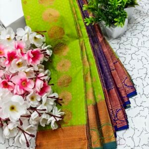 Lime Green Lotus Motif Putta Emboss Saree