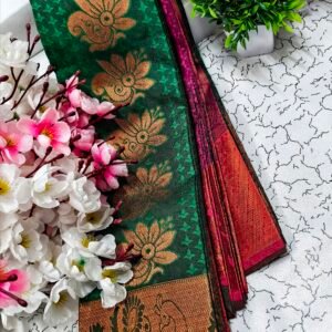Emerald Green Floral Putta Emboss Saree