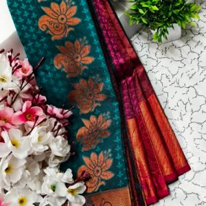 Teal Blue Floral Putta Emboss Saree