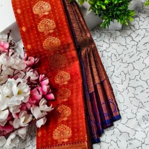 Orange Lotus Motif Putta Emboss Saree