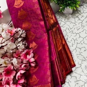 Magenta Pink Boat Motif Putta Emboss Saree