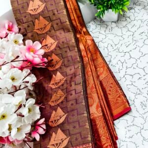 Brown Copper Boat Motif Putta Emboss Saree
