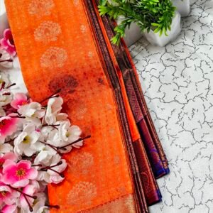Bright Orange Lotus Motif Putta Emboss Saree