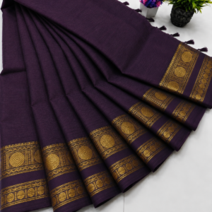 Kanchi Cotton Saree – Dark Violet with Gold Border