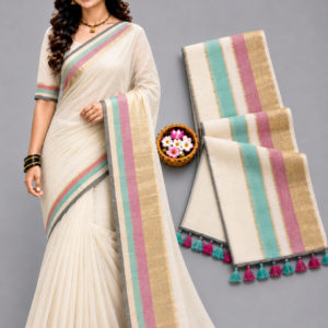 Elegant Off-White With Multi-Color Zari Border Mul Cotton Saree