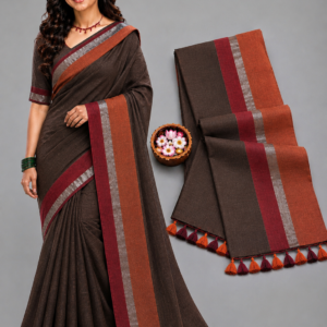 Premium Earthy Brown With Rust & Maroon Border Mul Cotton Saree