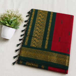 Kalyani Cotton Saree – Red and Bottle Green with Gold Zari Border