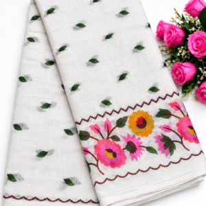 Elegant White Cotton Saree with Floral Border & Leaf Motifs