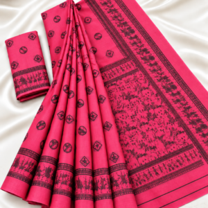 Rani Pink Warli Tribal Print Cotton Saree with Contrast Black Border