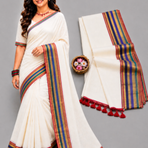 Off-White With Multi-Color Mul Cotton Saree