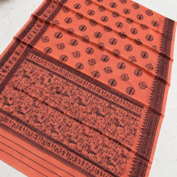 Rust Orange Warli Tribal Print Cotton Saree with Contrast Black Border